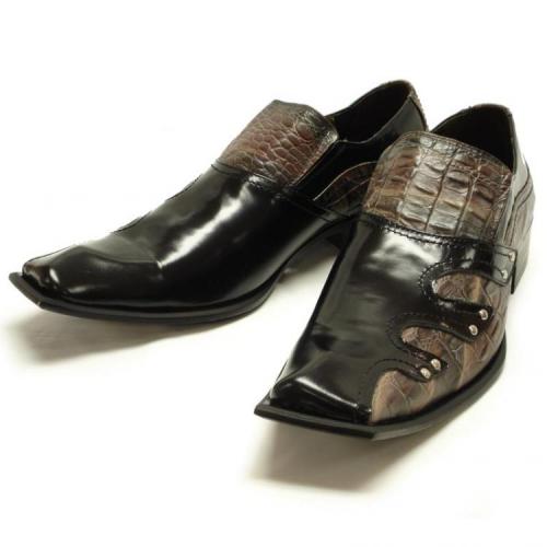 Fiesso Black Diagonal Toe Alligator Print Leather Shoes with Metal Studs on the side - FI6421